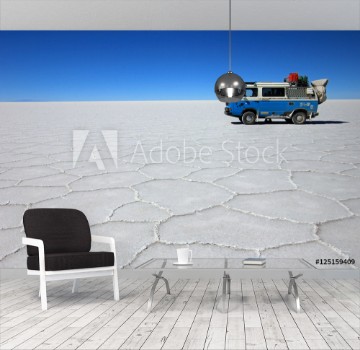 Picture of Van on Salar de Uyuni salt lake is largest salt flat in the world altiplano Bolivia South America
